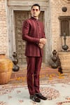 Abkasa_Maroon Dupion-raw Silk Blend Textured Cinnamon Bandhgala And Pant Set  _at_Aza_Fashions