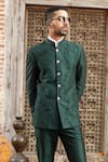 Abkasa_Green Dupion-raw Silk Blend Embroidered Mangrove Floral Bandhgala Set  _Online_at_Aza_Fashions