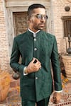 Buy_Abkasa_Green Dupion-raw Silk Blend Embroidered Mangrove Floral Bandhgala Set  _Online_at_Aza_Fashions