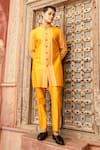 Shop_Abkasa_Yellow Katan Silk Embroidered Stitch Lines Citrina Kurta And Pant Set  _at_Aza_Fashions