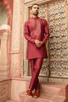 Buy_Abkasa_Maroon Katan Silk Embroidered Floral Amber Placket Kurta Set  _at_Aza_Fashions