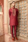 Shop_Abkasa_Maroon Katan Silk Embroidered Floral Amber Placket Kurta Set  _at_Aza_Fashions