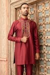 Abkasa_Maroon Katan Silk Embroidered Floral Amber Placket Kurta Set  _Online_at_Aza_Fashions