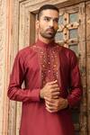Buy_Abkasa_Maroon Katan Silk Embroidered Floral Amber Placket Kurta Set  _Online_at_Aza_Fashions