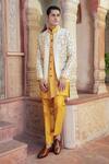 Shop_Abkasa_Yellow Dupion-raw Silk Blend Sunbeam Floral Embroidered Bandhgala Set _at_Aza_Fashions
