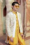 Buy_Abkasa_Yellow Dupion-raw Silk Blend Sunbeam Floral Embroidered Bandhgala Set _Online_at_Aza_Fashions