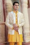 Shop_Abkasa_Yellow Dupion-raw Silk Blend Sunbeam Floral Embroidered Bandhgala Set _Online_at_Aza_Fashions