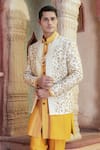 Abkasa_Yellow Dupion-raw Silk Blend Sunbeam Floral Embroidered Bandhgala Set _at_Aza_Fashions