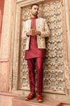 Buy_Abkasa_Maroon Dupion-raw Silk Blend Embroidered Floral Spectre Bandhgala Set _at_Aza_Fashions