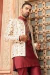 Abkasa_Maroon Dupion-raw Silk Blend Embroidered Floral Spectre Bandhgala Set _Online_at_Aza_Fashions