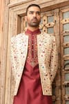Buy_Abkasa_Maroon Dupion-raw Silk Blend Embroidered Floral Spectre Bandhgala Set _Online_at_Aza_Fashions