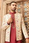 Abkasa_Maroon Dupion-raw Silk Blend Embroidered Floral Spectre Bandhgala Set _at_Aza_Fashions