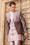 Abkasa_Purple Dupion-raw Silk Blend Embroidered Floral Jaal Lavola Bandhgala Set _Online_at_Aza_Fashions