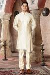 Abkasa_Beige Katan Silk Embroidery Stitch Line Pebblyn Kurta With Pant  _Online_at_Aza_Fashions