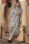 Shop_Abkasa_Blue Cotton, Polyester Embroidery Abstract Bundi Kurta Set _at_Aza_Fashions