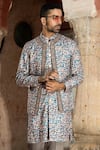 Abkasa_Blue Cotton, Polyester Embroidery Abstract Bundi Kurta Set _Online_at_Aza_Fashions