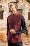 Shop_Abkasa_Maroon Dupion Raw Silk Blend Embroidery Beads Merlot Bundi  _Online_at_Aza_Fashions