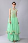 Buy_KEITH GOMES_Green Silk Organza, Linen Brazen Fleur Embroidered Yoke Kurta Palazzo Set _Online_at_Aza_Fashions