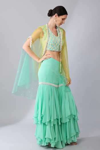 Buy_KEITH GOMES_Green Georgette, Linen Sequins, Beads, Gardenia Embellished Cape Sharara Set _at_Aza_Fashions