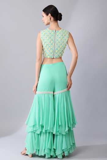 KEITH GOMES_Green Georgette, Linen Sequins, Beads, Gardenia Embellished Cape Sharara Set _Online_at_Aza_Fashions