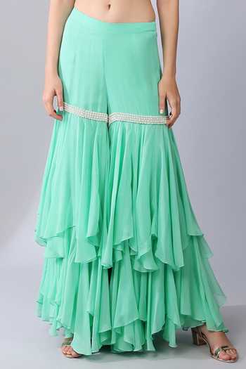 Buy_KEITH GOMES_Green Georgette, Linen Sequins, Beads, Gardenia Embellished Cape Sharara Set _Online_at_Aza_Fashions