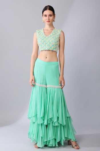 Shop_KEITH GOMES_Green Georgette, Linen Sequins, Beads, Gardenia Embellished Cape Sharara Set _Online_at_Aza_Fashions