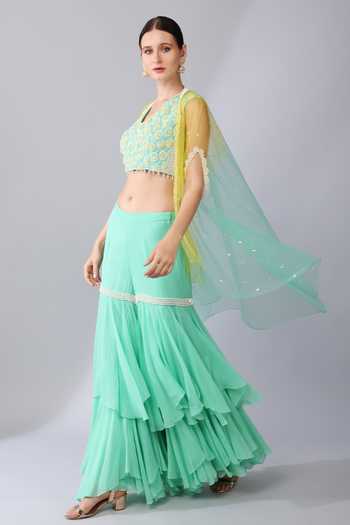 Shop_KEITH GOMES_Green Georgette, Linen Sequins, Beads, Gardenia Embellished Cape Sharara Set _at_Aza_Fashions