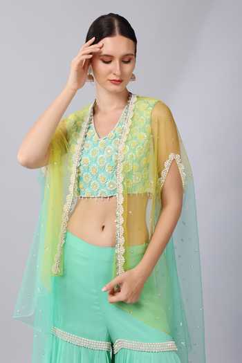 KEITH GOMES_Green Georgette, Linen Sequins, Beads, Gardenia Embellished Cape Sharara Set _at_Aza_Fashions