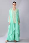 Buy_Keith Gomes_Green Silk Wildflora Embellished Cowl Sleeves Tunic With Palazzo _Online_at_Aza_Fashions