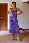 Buy_Jodi_Blue Silk, Cotton Beads, Sequins, Embroidery Square Nur Hand Block Print Dress _at_Aza_Fashions
