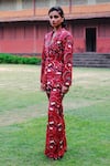 Jodi_Red Silk Embroidery, Sequins, Salima Hand Block Print Blazer And Trouser Set _Online_at_Aza_Fashions