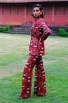 Buy_Jodi_Red Silk Embroidery, Sequins, Salima Hand Block Print Blazer And Trouser Set _Online_at_Aza_Fashions