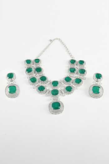 Buy_Zaza By Somya_Green Stones Royal Queen Zircon Embellished Necklace Set _at_Aza_Fashions