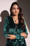 B'Infinite_Emerald Green Velvet Woven Sequin Shawl Collar Blazer Trouser Set _at_Aza_Fashions