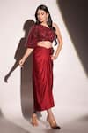 Buy_B'Infinite_Red Sequinned Lycra Woven Vermillion Veil Dazzling Top And Draped Skirt Set _at_Aza_Fashions