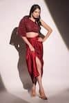 Shop_B'Infinite_Red Sequinned Lycra Woven Vermillion Veil Dazzling Top And Draped Skirt Set _at_Aza_Fashions