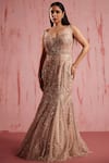 Buy_Roqa_Pink Net Embroidered Sequin Plunge Bela Crystal Embellished Mermaid Gown _at_Aza_Fashions