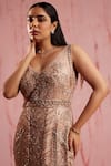 Roqa_Pink Net Embroidered Sequin Plunge Bela Crystal Embellished Mermaid Gown _Online_at_Aza_Fashions