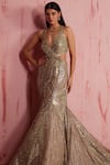 Buy_Roqa_Silver Net Embroidered Sequin Plunge V-neck Sandra Crystal Trail Gown _at_Aza_Fashions