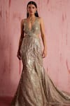 Buy_Roqa_Silver Net Embroidered Sequin Plunge V-neck Sandra Crystal Trail Gown _Online_at_Aza_Fashions