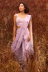 Buy_Pasha India_Purple Linen Sequins, Pearls Sweetheart Neck Floral Print Pant Saree With Blouse _at_Aza_Fashions
