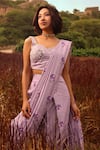 Buy_Pasha India_Purple Linen Sequins, Pearls Sweetheart Neck Floral Print Pant Saree With Blouse 