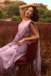 Shop_Pasha India_Purple Linen Sequins, Pearls Sweetheart Neck Floral Print Pant Saree With Blouse 