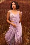 Pasha India_Purple Linen Sequins, Pearls Sweetheart Neck Floral Print Pant Saree With Blouse _Online