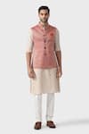 Raghavendra Rathore Jodhpur_Red Silk Brocade Button Down Waistcoat _Online_at_Aza_Fashions