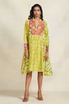 Buy_Gulabo by Abu Sandeep_Green Chanderi Print Floral Stand Collar Gathered Kurta  _at_Aza_Fashions