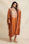 Buy_Gulabo by Abu Sandeep_Orange 100% Pure Chanderi Silk Embroidery Gota Stand Collar Kaftan  _at_Aza_Fashions