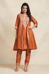 Buy_Gulabo by Abu Sandeep_Orange 100% Pure Chanderi Silk Embroidery Gota Notched Gathered Kurta  _at_Aza_Fashions