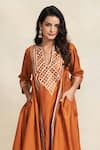 Buy_Gulabo by Abu Sandeep_Orange 100% Pure Chanderi Silk Embroidery Gota Notched Gathered Kurta  _Online_at_Aza_Fashions