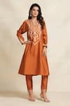 Buy_Gulabo by Abu Sandeep_Orange 100% Pure Chanderi Silk Embroidery Gota Notched Neck Kurta  _at_Aza_Fashions